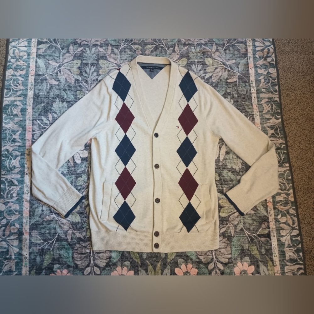 Tommy Hilfiger Mens Argyle Cardigan XL V Neck Preppy Varsity Academia Old Money